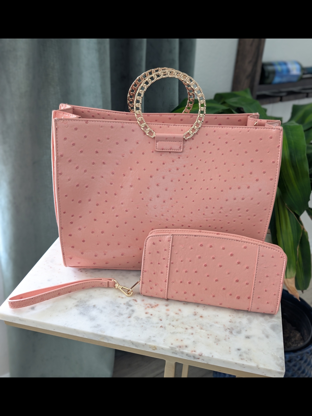 Pink Vegan Ostrich Tote Bag with Wallet Wristlet by Cato's